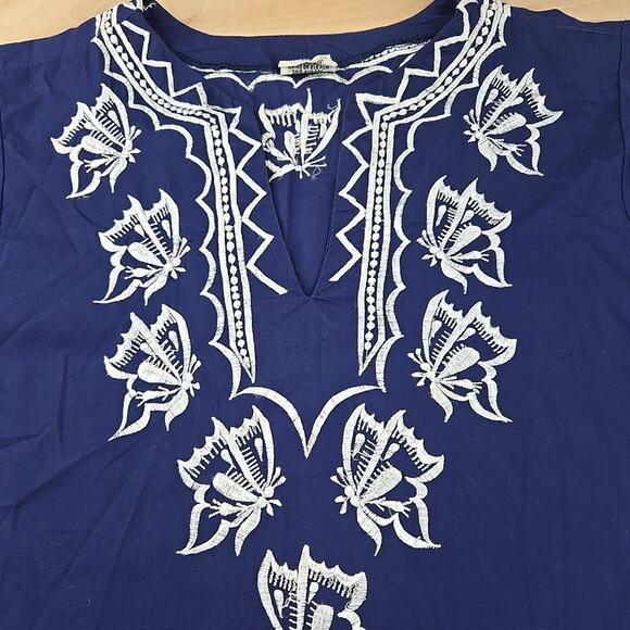 Macelli Embroidered Tunic Shirt Womens L Navy/White Boho Casual India Butterfly - Picture 2 of 11
